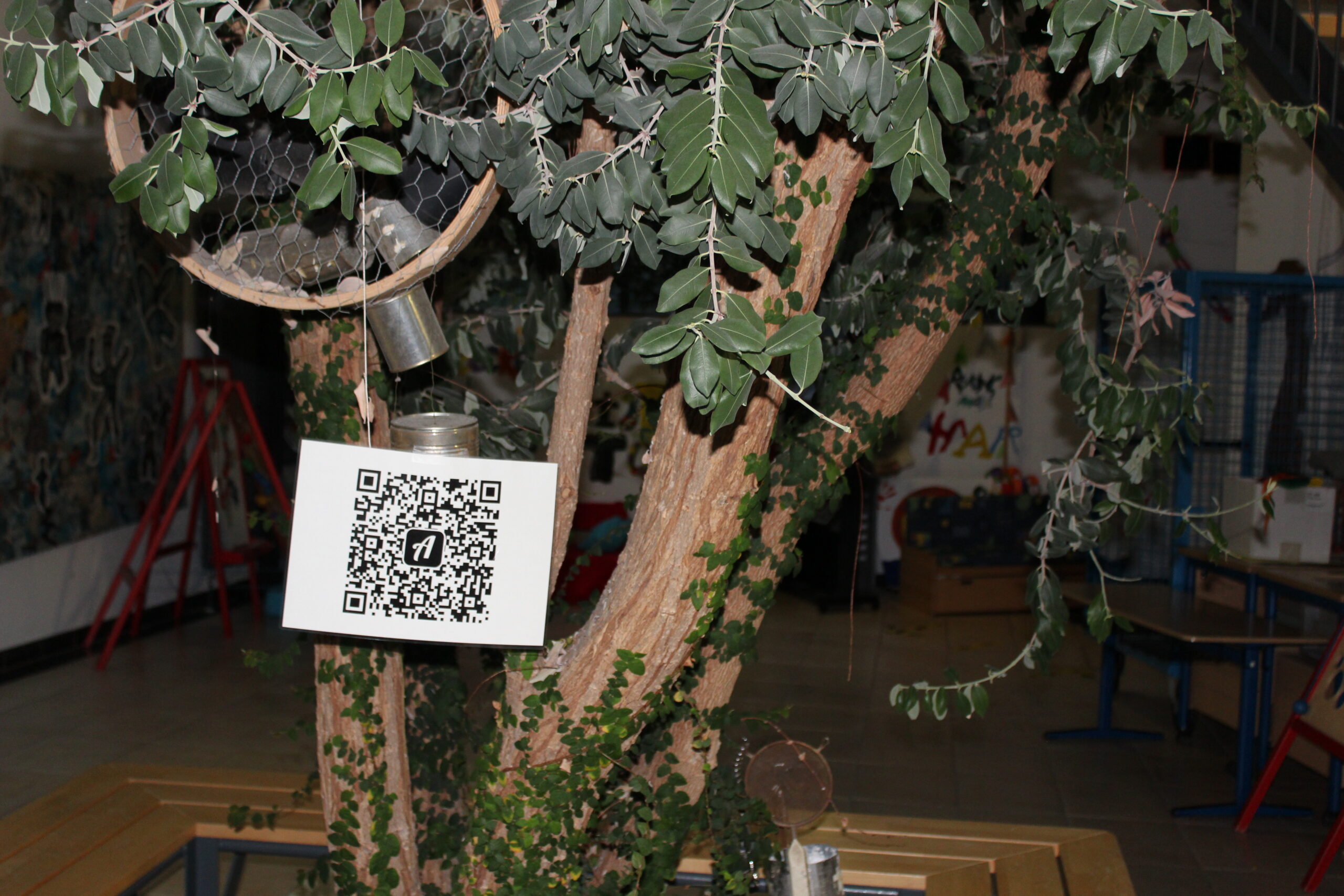 An einem Baum hängt ein QR Code zum Abscannen bei einer digitalen Schnitzeljagd.