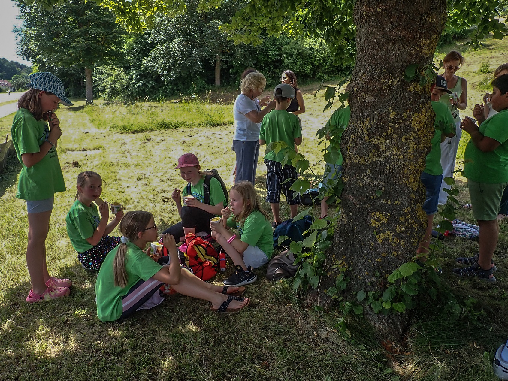 Kinder essen unter einem Baum im Schatten ein Eis.