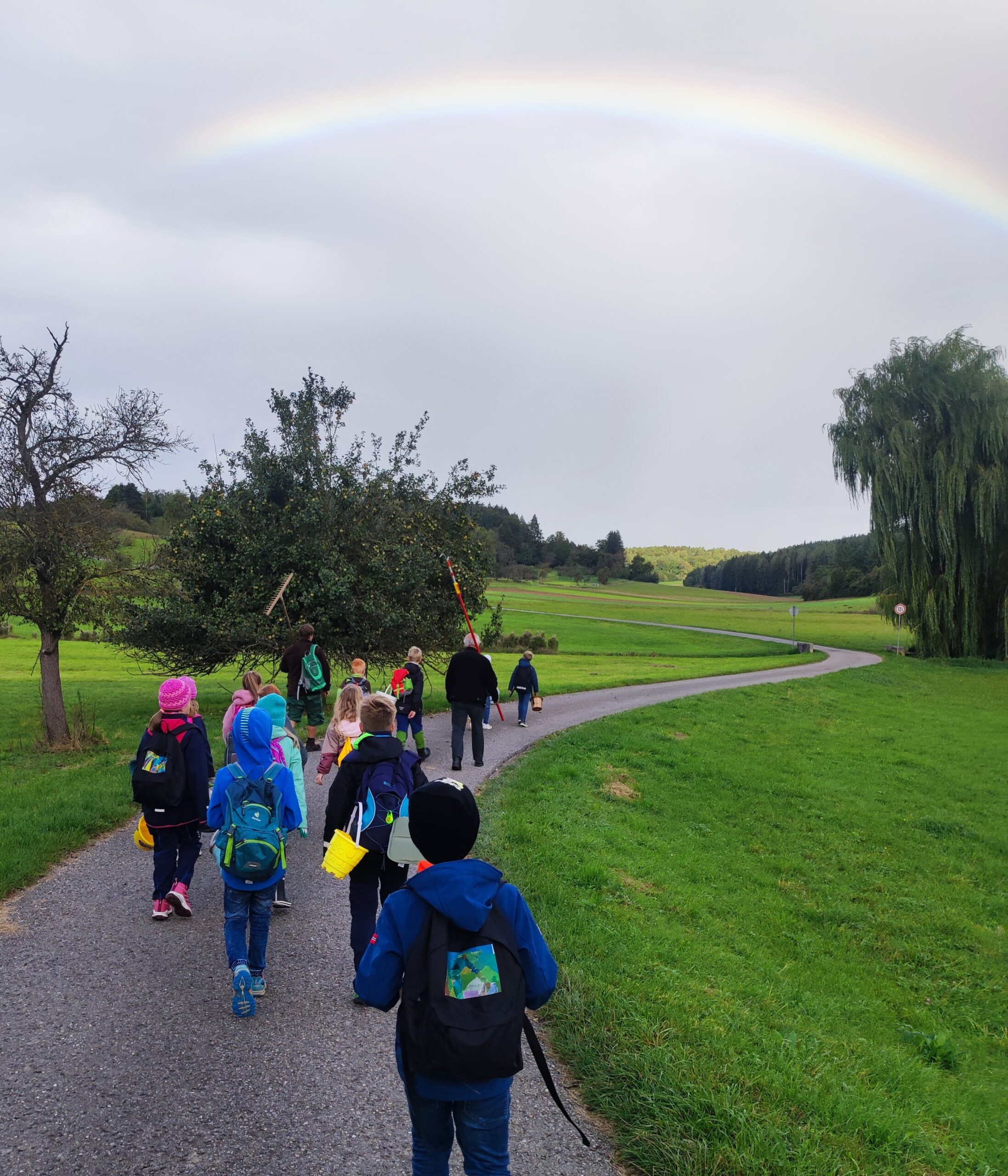 Alle Kinder der Schule gehen Äpfel sammeln!