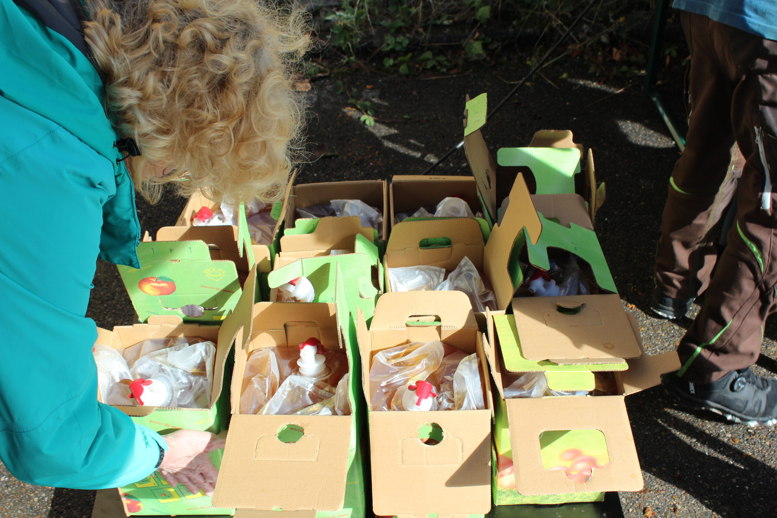 Hier werden die gefüllten Plastiksäcke in Pappkartons eingefüllt.