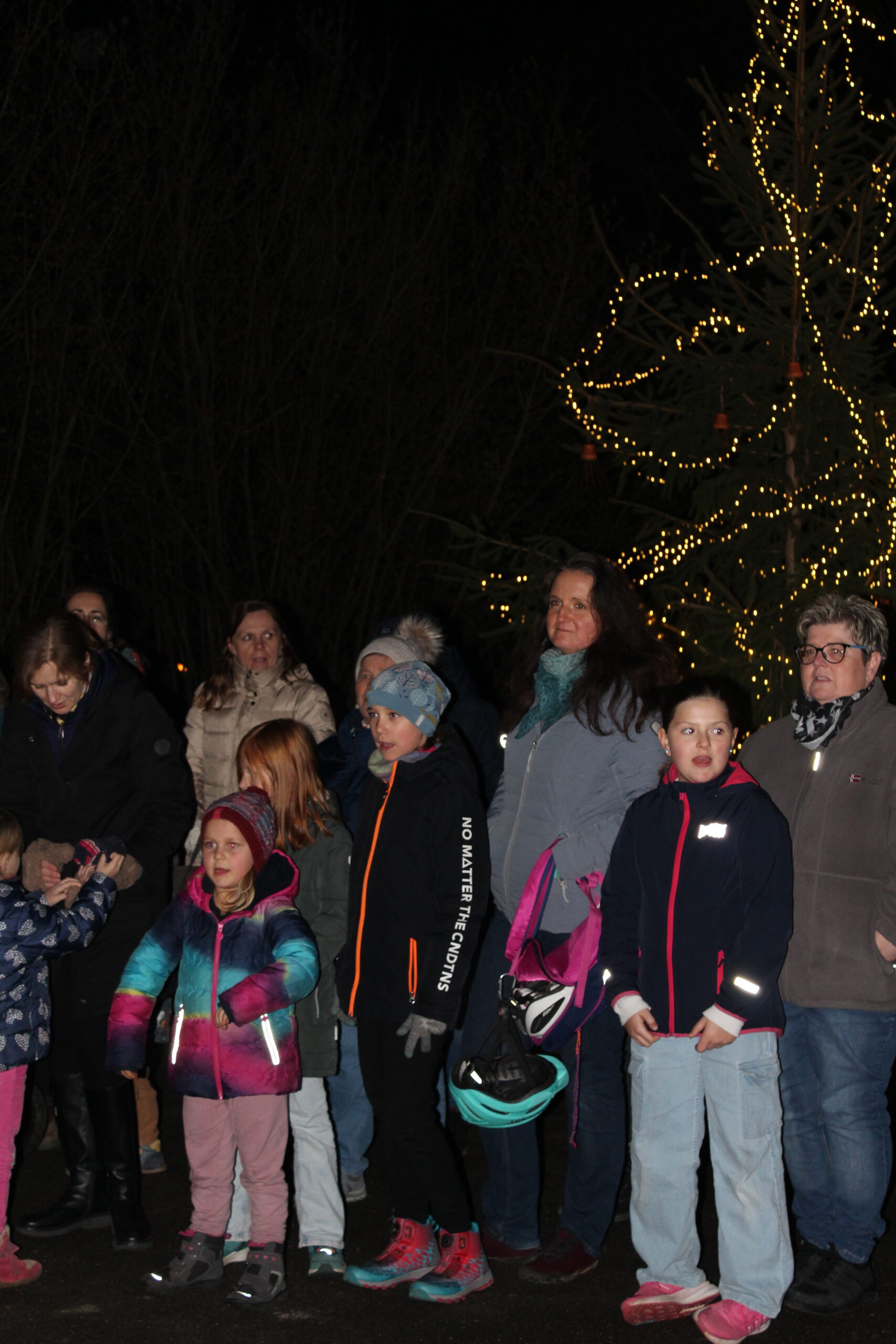 Gemeinsam singen Eltern, Kinder und Gäste vor dem Weihnachtsbaum der Schule.