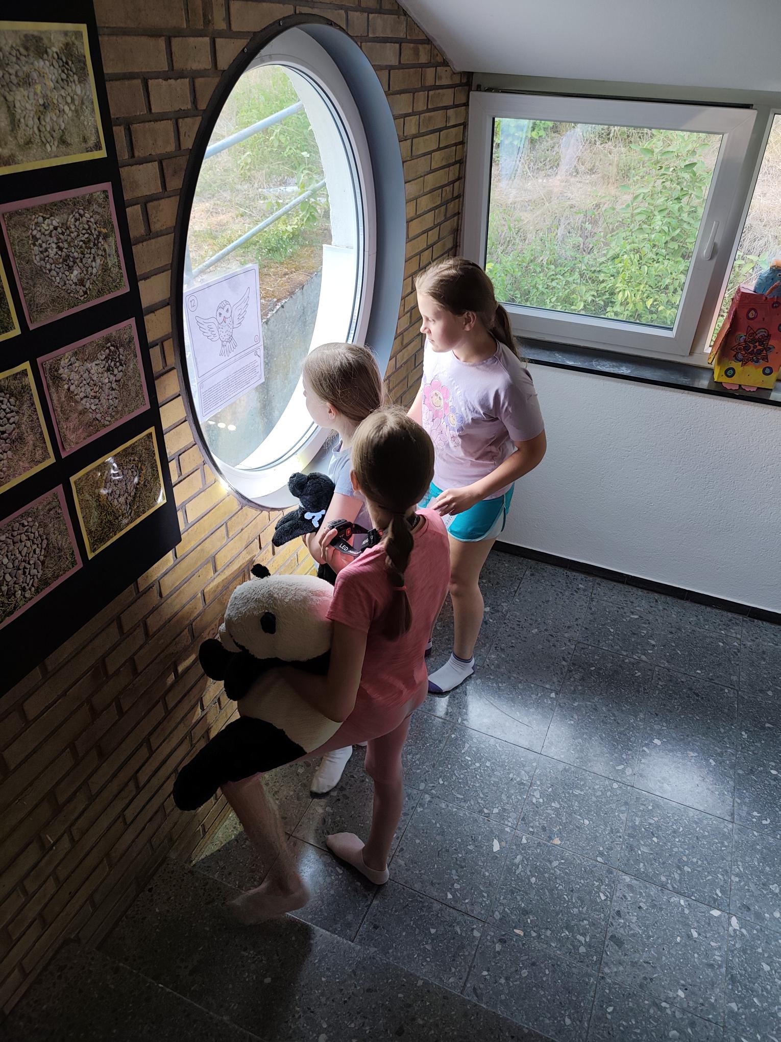 Kinder schauen aus dem runden Fenster im Treppenhaus.